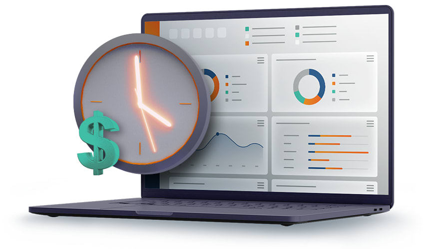 laptop interface of Arctera Insight Platform with image of a clock and a dollar symbol overlayed